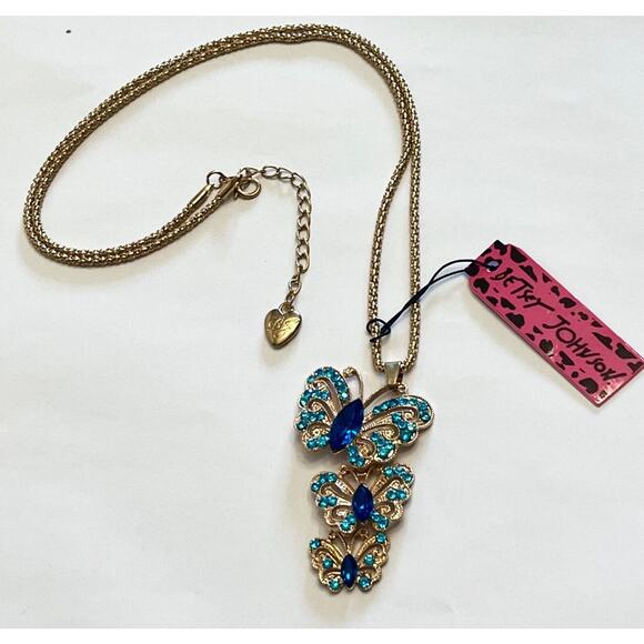 Betsey Johnson 3 Cascading BUTTERFLY NECKLACE Blue Rhinestone Popcorn Gold Chain - Picture 4 of 5